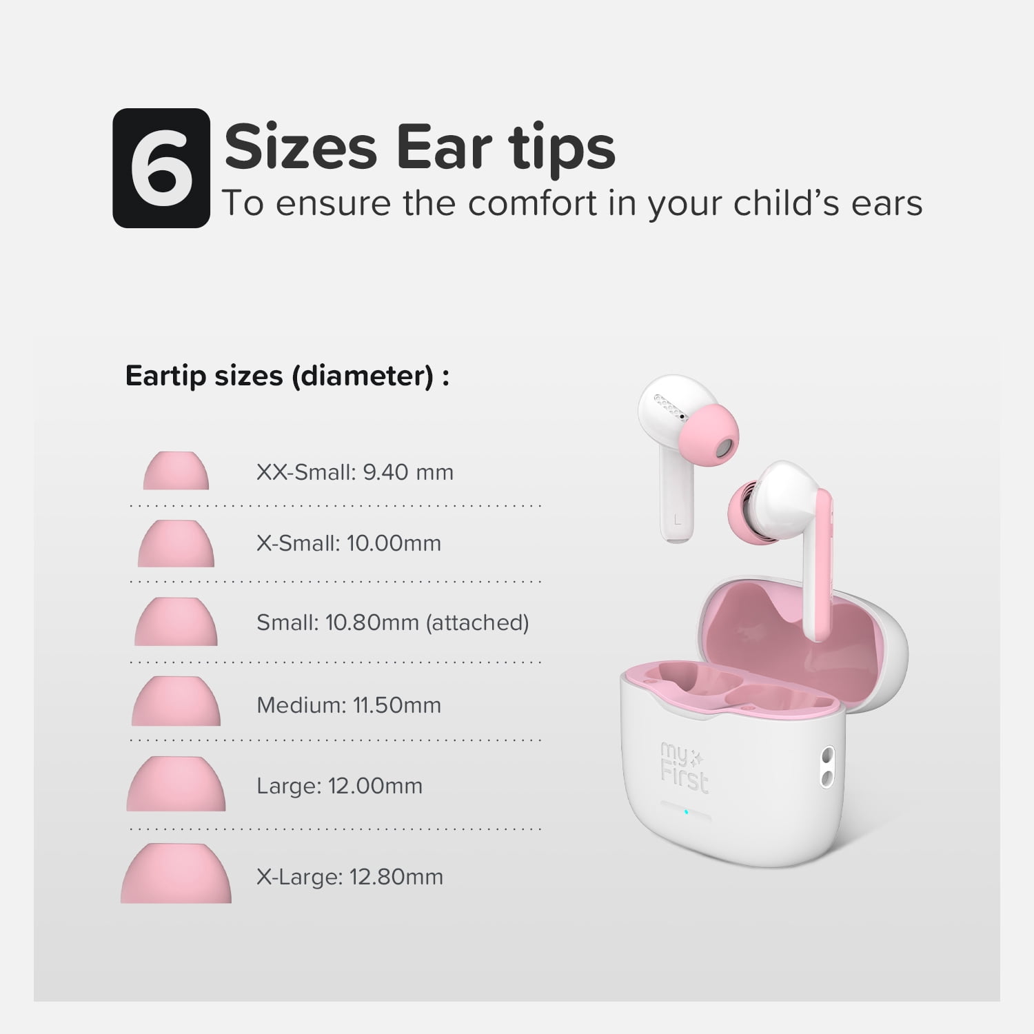 myFirst CareBuds (White) Kids Wireless Earbuds, 85dB Volume Limit, Built-in Mic, 6 Ear Tips, Anti-Loss Strap, Bluetooth 5.3, Gift for Kids 4-15