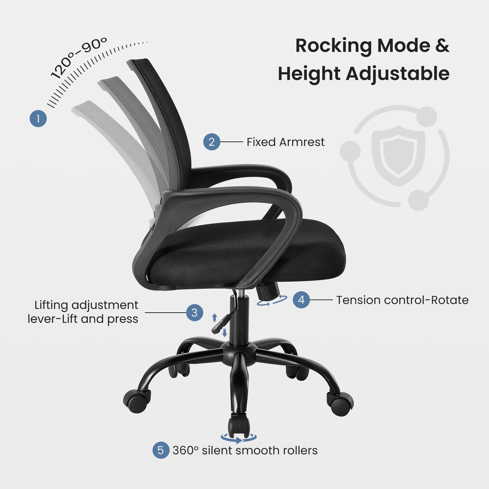 Sweetcrispy 250 lb Ergonomic Office Chair, Mesh Desk Chair with Lumbar Support & Adjustable Height, Rolling Computer Chair for Home Office, Black
