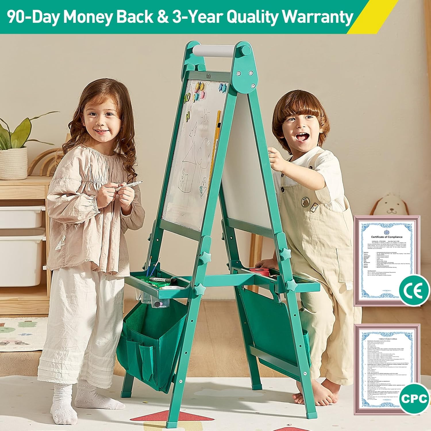 FUNLIO Adjustable Wood Standing Art Easel for Children，Foldable & Anti-Warping