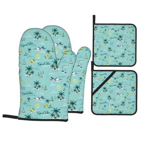 

Oven Mitts and Pot Holders Sets 4 pcs Hawaiian Style Green Yellow Non-Slip Oven Gloves Potholders Soft Quilted Lining Heat Resistant Gloves Hot Pads for Kitchen Cooking Baking