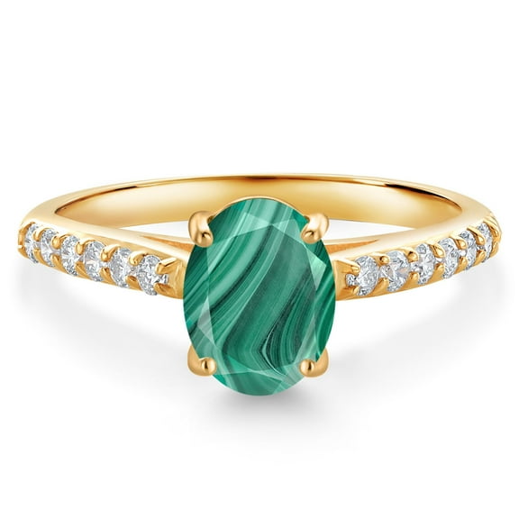 Gem Stone King 10K Yellow Gold Green Malachite and White Lab Grown Diamond Engagement Ring for Women (2.18 Cttw, Oval 8X6MM, Gemstone Birthstone, Size 8)