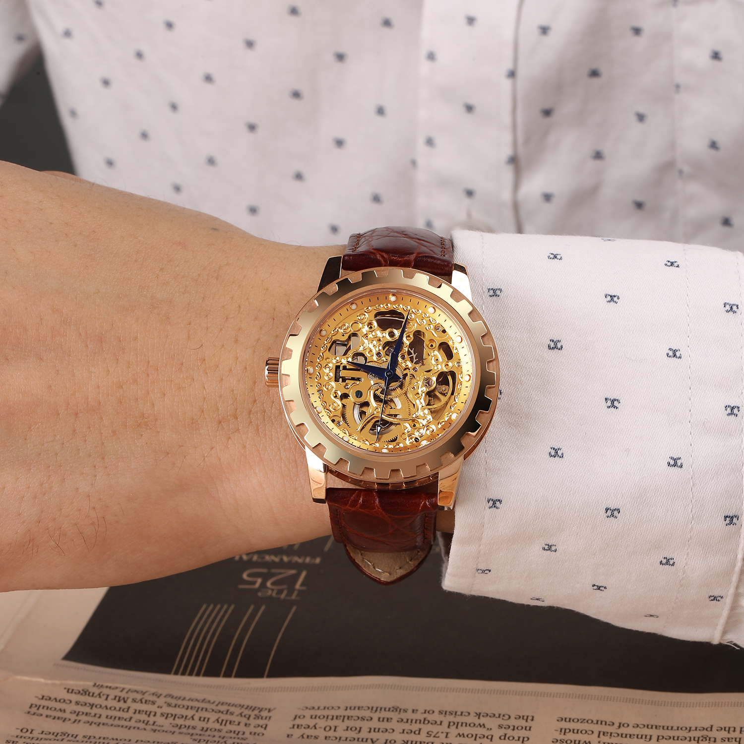 BERNY Automatic Watches for Men, Luxury Skeleton Mechanical Watch Self Winding Carved, Exhibition Caseback, Luminous, 5ATM Waterproof, Stainless Steel, Vintage Men's Leather Watch (Rose Gold)