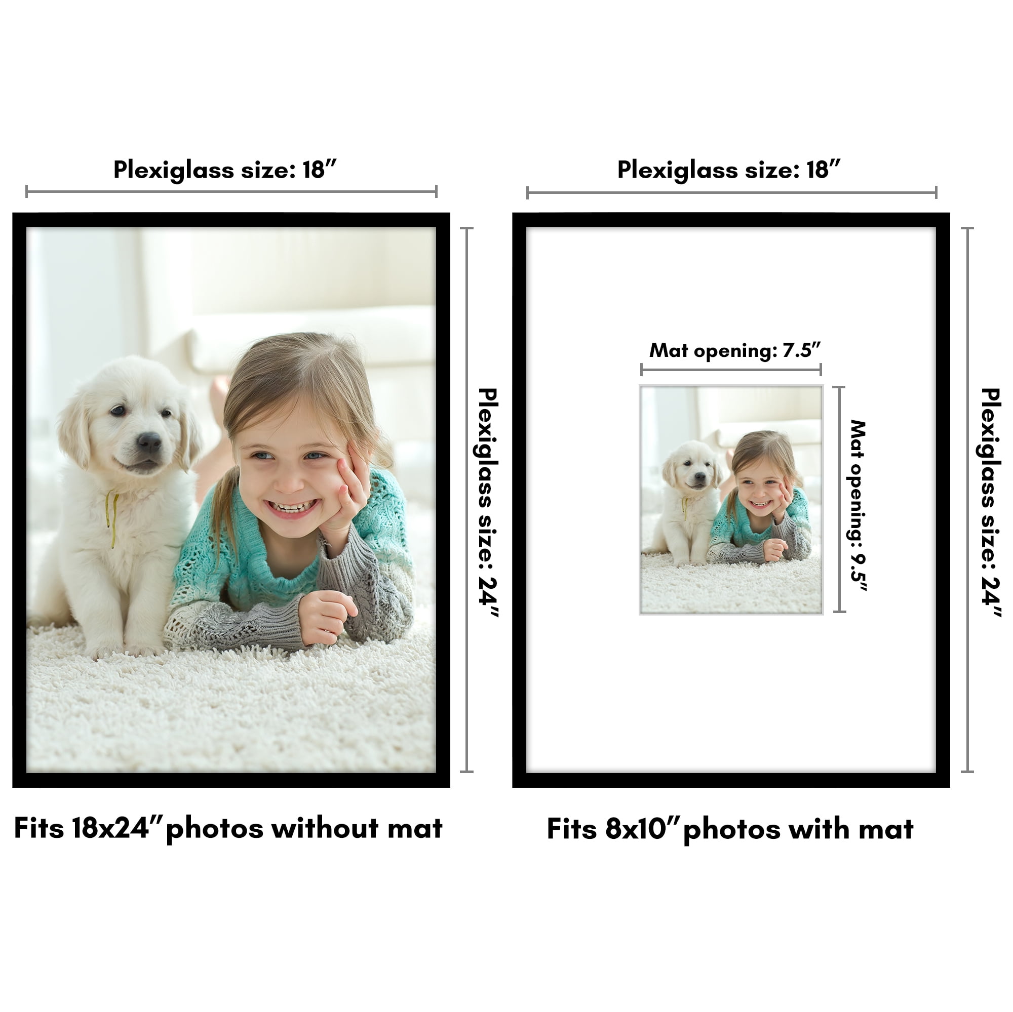 Americanflat 18x24 Poster Frame with Polished Plexiglass with 8x10 Mat Display Photo Streamline Thin - Black