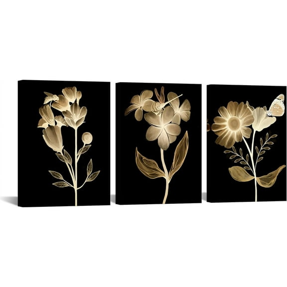 Hieng Brown Flowers Canvas Wall Art Floral with Butterfly Painting Art Prints Modern Black and Brown Bathroom Decor