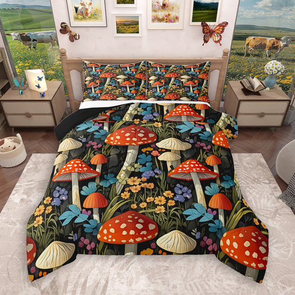 Manfei Hippie Mushroom Bedding Comforter Set 2pcs, Botanical Plant Theme Twin Comforter Sets, Green Leaves Bedding Set, Breathable Home Decor
