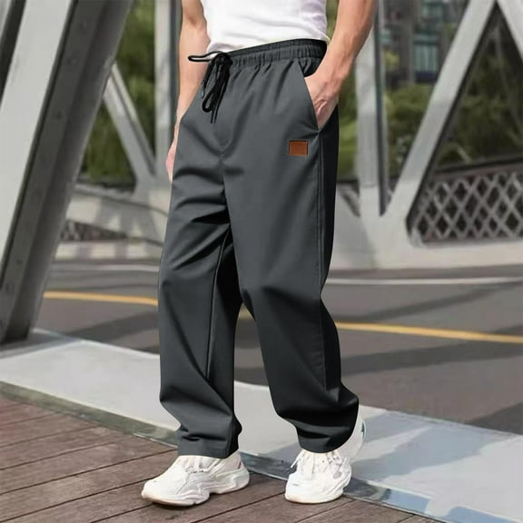 SYMOID Men's Relaxed Fit Polyester Casual Pants - Elastic Waist with Drawstring, Machine Washable Quick Dry, Side Pockets, Gray, Size 2XL