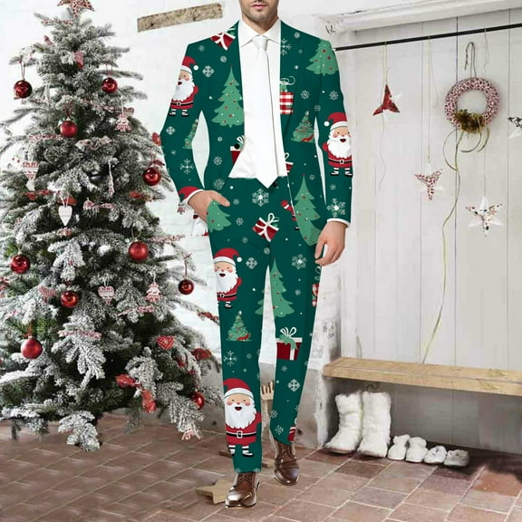Mens Christmas Suits 2 Piece Casual Funny Xmas Santa Graphi One Button Jacket and Pant Set Slim Fit Business Office Suits