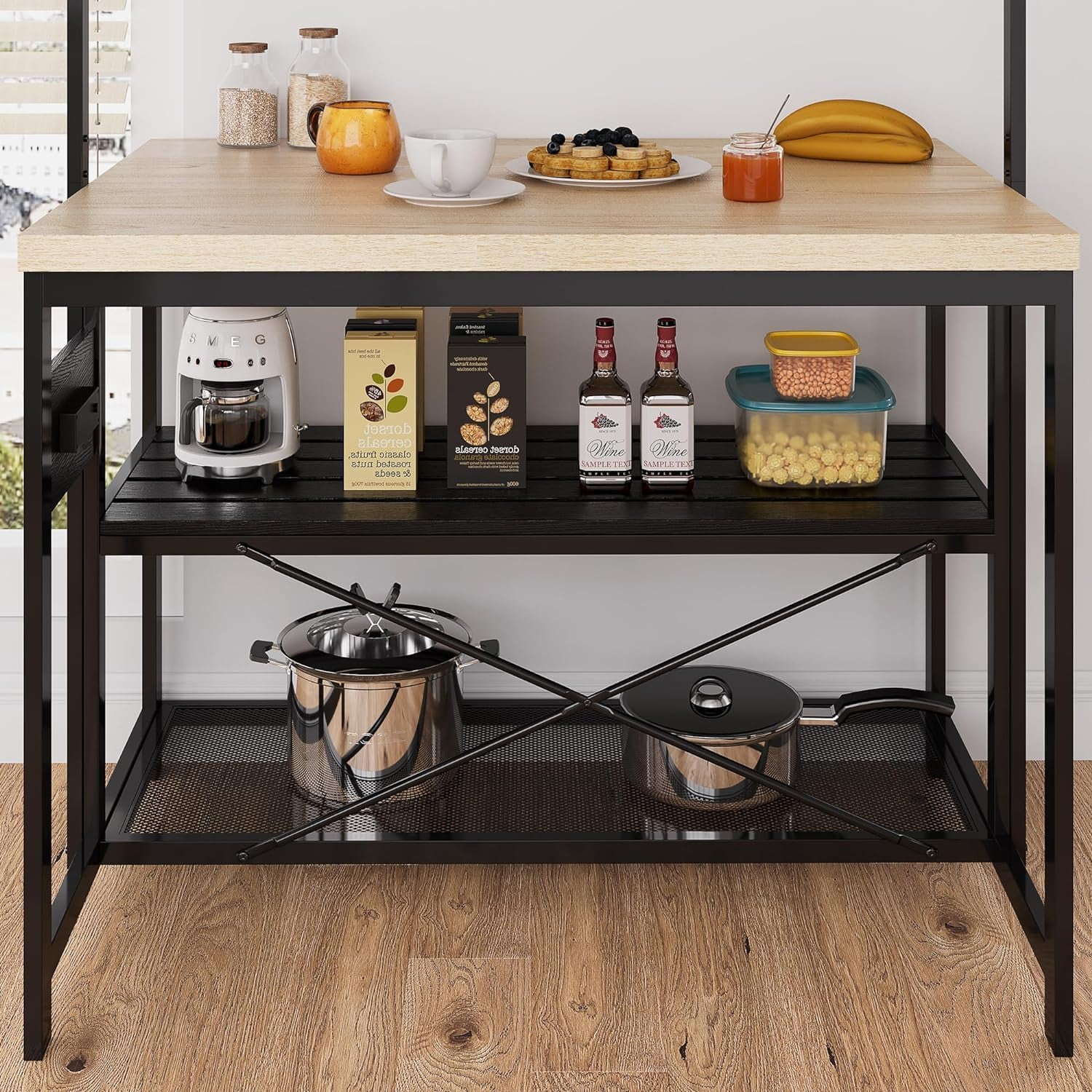 EastVita 47" Versatile Kitchen Island with Storage,Wood & Steel,Microwave Shelf,3-Tier Open Shelves,5 Hooks,Coffee Bar Convertible