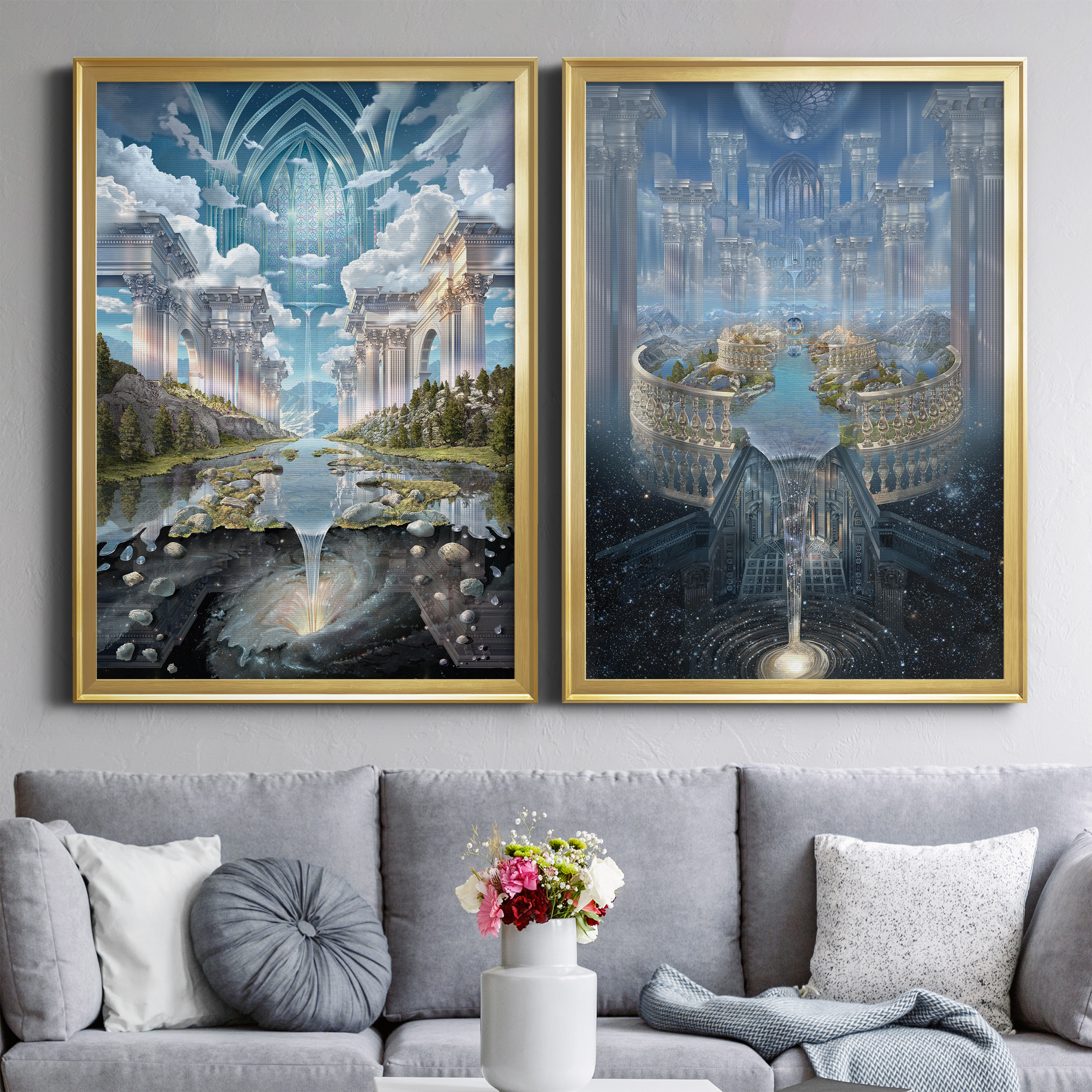 2 Piece Set Genesis II Premium Framed Canvas - Ready to Hang - 26.5 x 36.5 Each - Gold Frame