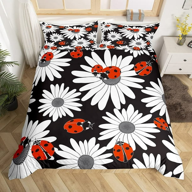 White Flowers Printed Duvet Set Boys Girls Red Ladybug Comforter Sets Full  Insect Collections 3 Pieces Bedding Sets(1 Duvet Cover 2 Pillow Cases)