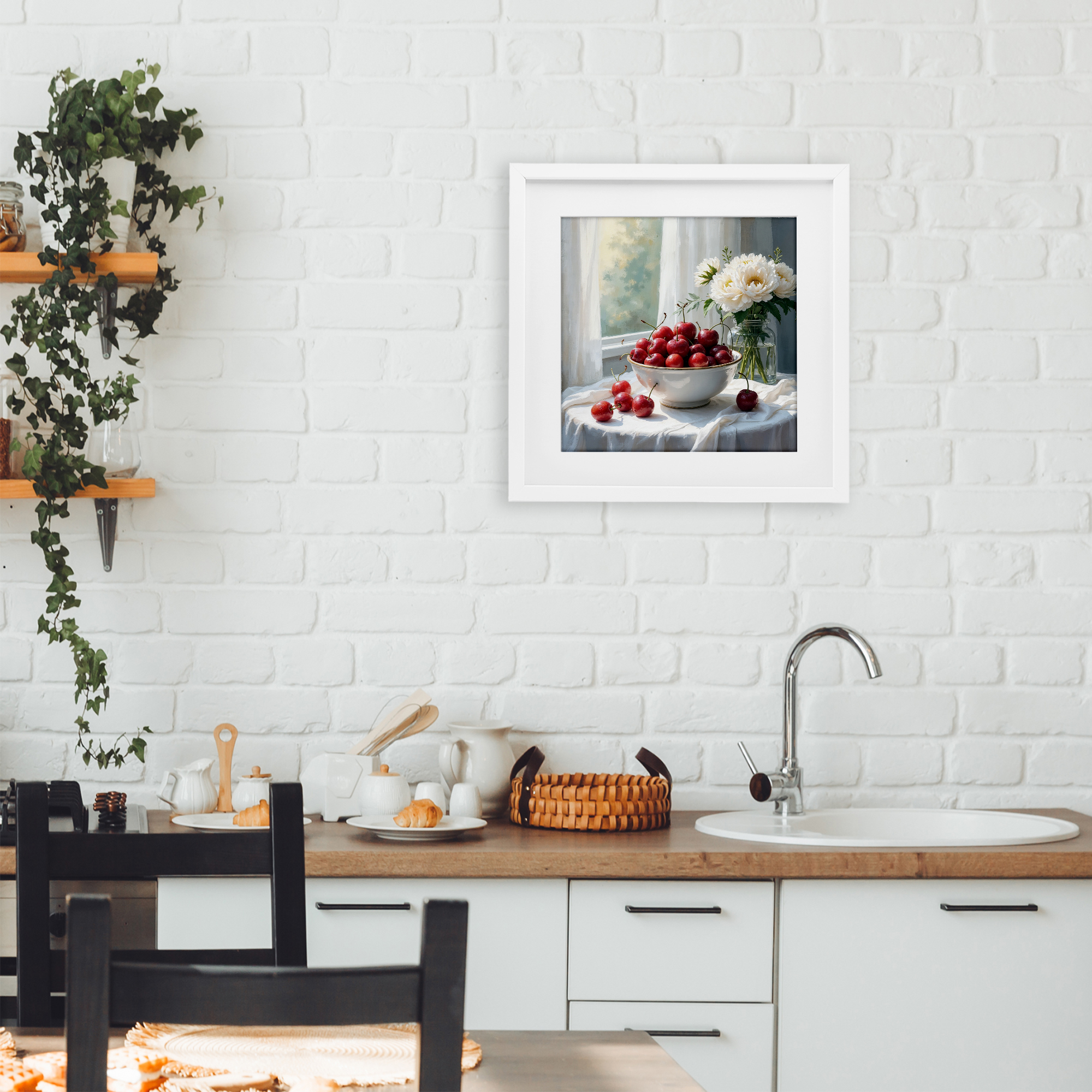 Cherries & Flowers Still Life White Framed Print Under Glass, design by Lettered and Lined