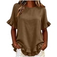 thumbnail image 3 of VBVC Women's Cotton Blend Ruffle Trim Blouse, Ladies' Lightweight Short Sleeve Top, Casual Crew Neck Shirt For Women,Coffee,S-2XL, 3 of 6