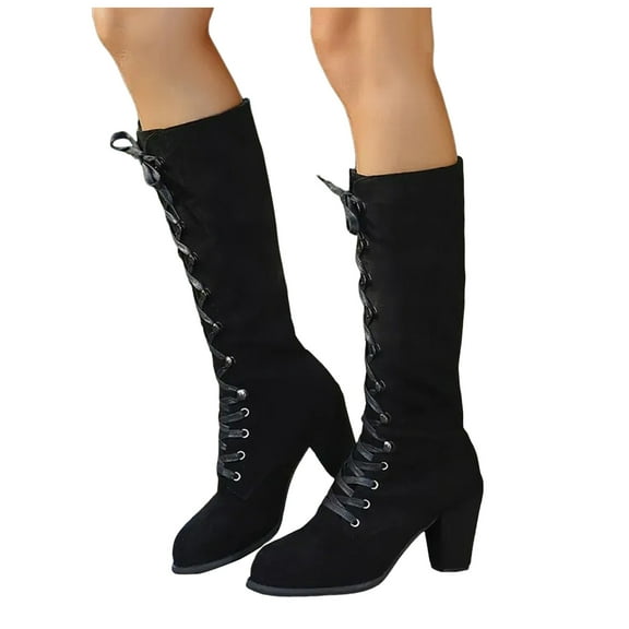 Vintage Knee High Combat Boots for Women Cocktail Party Suede Pointed Toe Block High Heel Strappy Long Tall Dress Boots Black Size 6.5