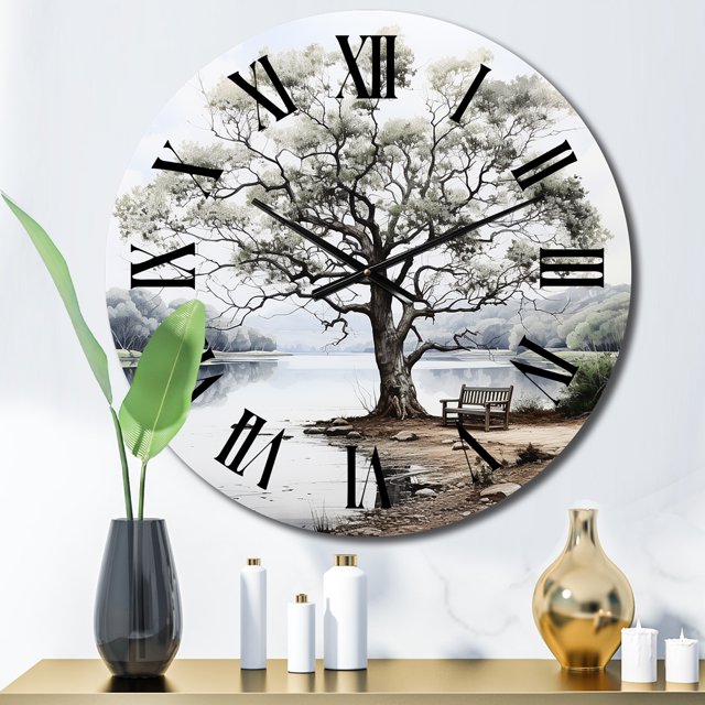 Designart "Tree Monochrome Calm Shades II" Landscapes Oversized Wall Clock