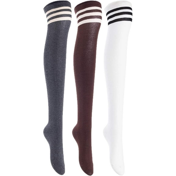 Lian LifeStyle Women's 3 Pairs Adorable Comfortable Soft Thigh High Over Knee High Cotton Socks Size 6-9 L1022Dark Grey, Coffee, White