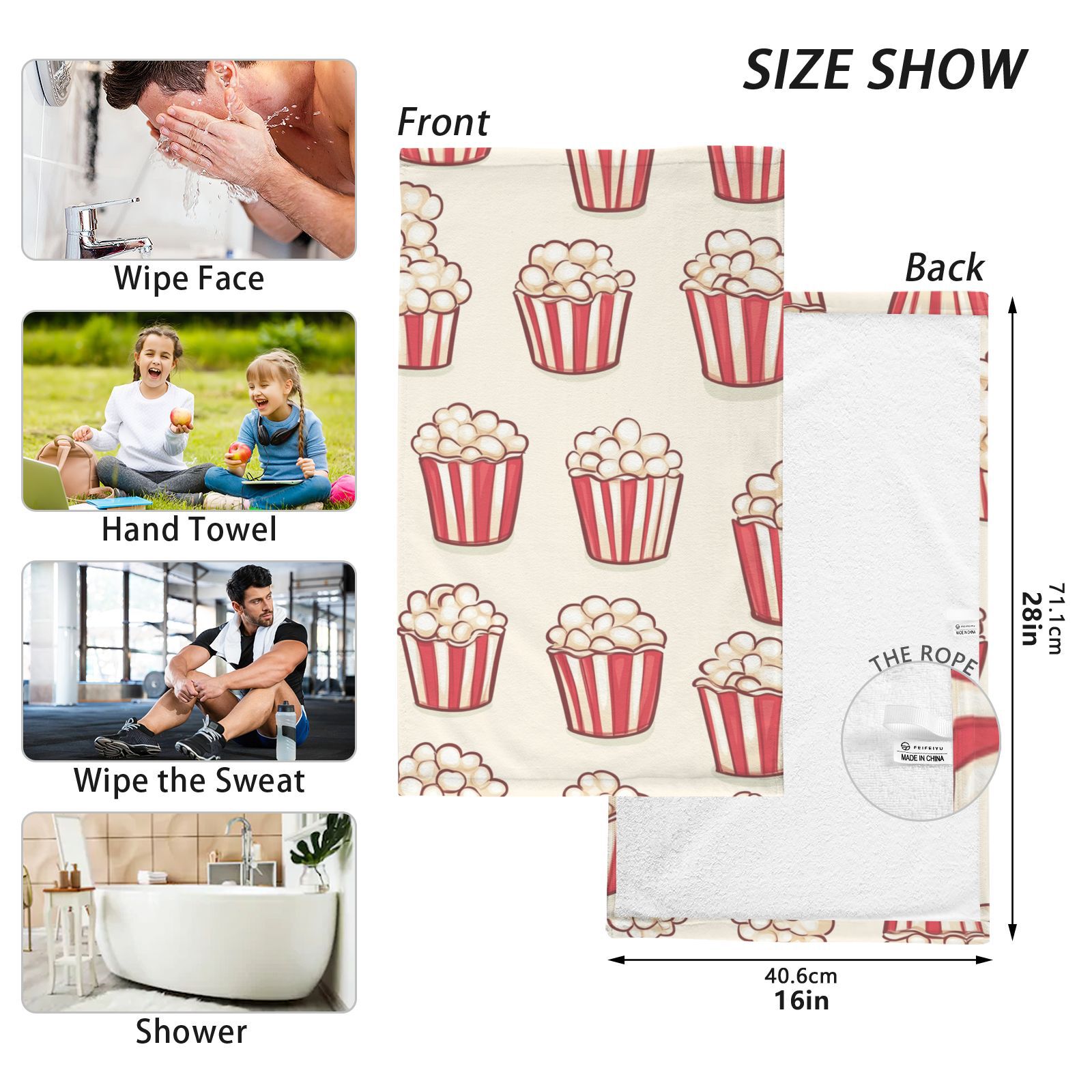 Cartoon Popcorns Hand Towels Cotton Bath Towels Large Face Towels Absorbent for Bathroom 2 Packs