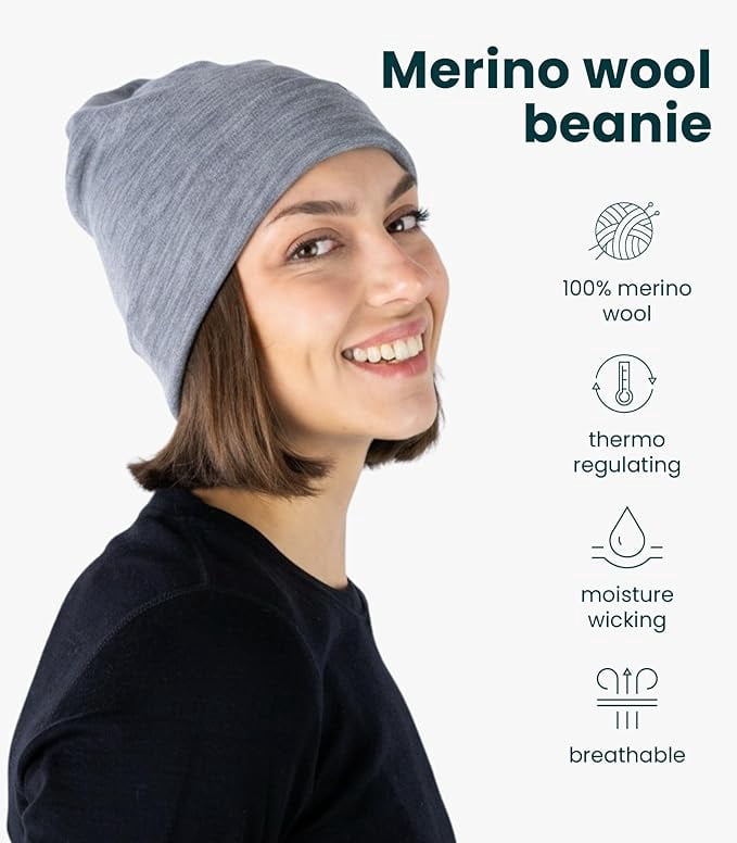 𝗦𝗢𝗙𝗧 Merino.tech Unisex Adult Merino Wool Beanie Hat - Cuff Beanie with Hiking Socks