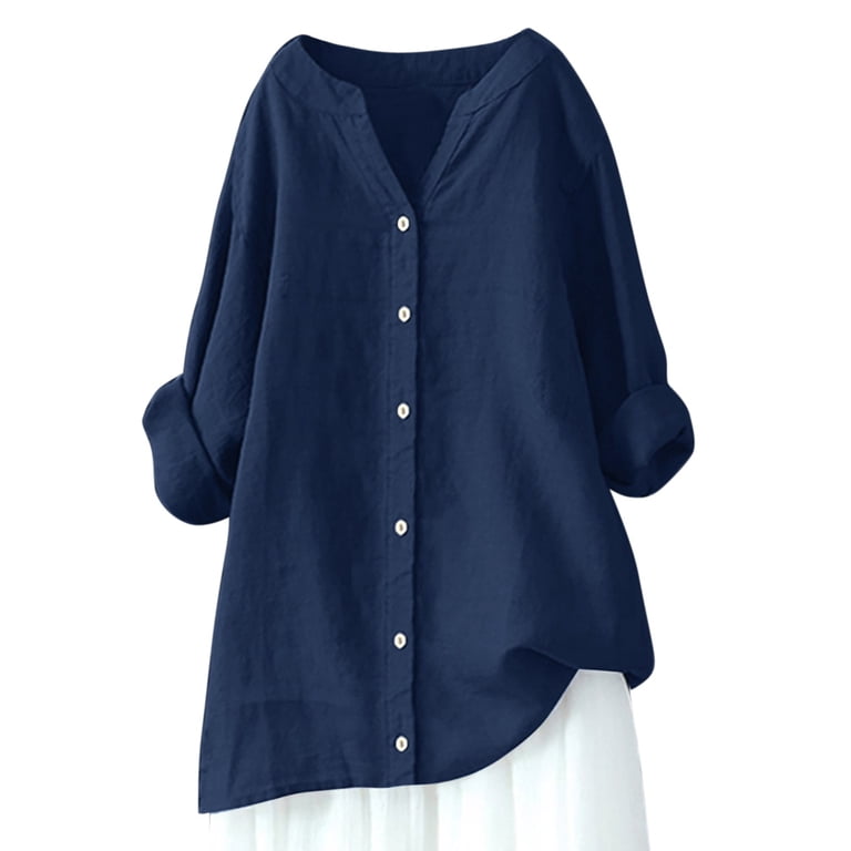 Huesdet Womens Cotton Linen Blouses Top V Neck Button Down Dress Tops Loose  Tunic Blouse Tees Shirts(Navy,M) - Walmart.com