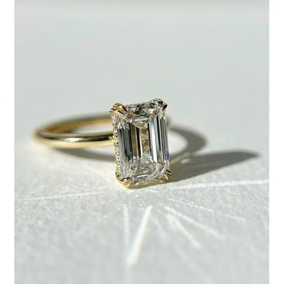 Jewelerix Double Prongs Emerald Cut Wedding Ring 10K Vermeil Yellow Gold Engagement Ring Hidden Halo Moissanite Diamond Anniversary Ring