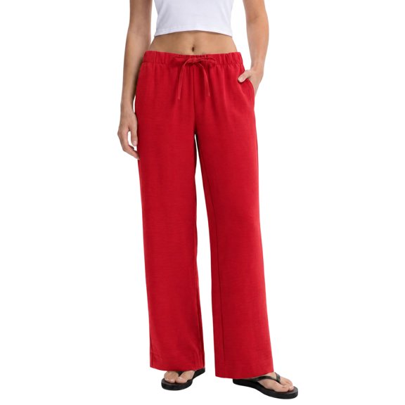 Wide Leg Pants for Women Casual Flowy Crepe Trousers Wrinkle Free Relaxed Fit Lounge Work Business with Pockets Red L