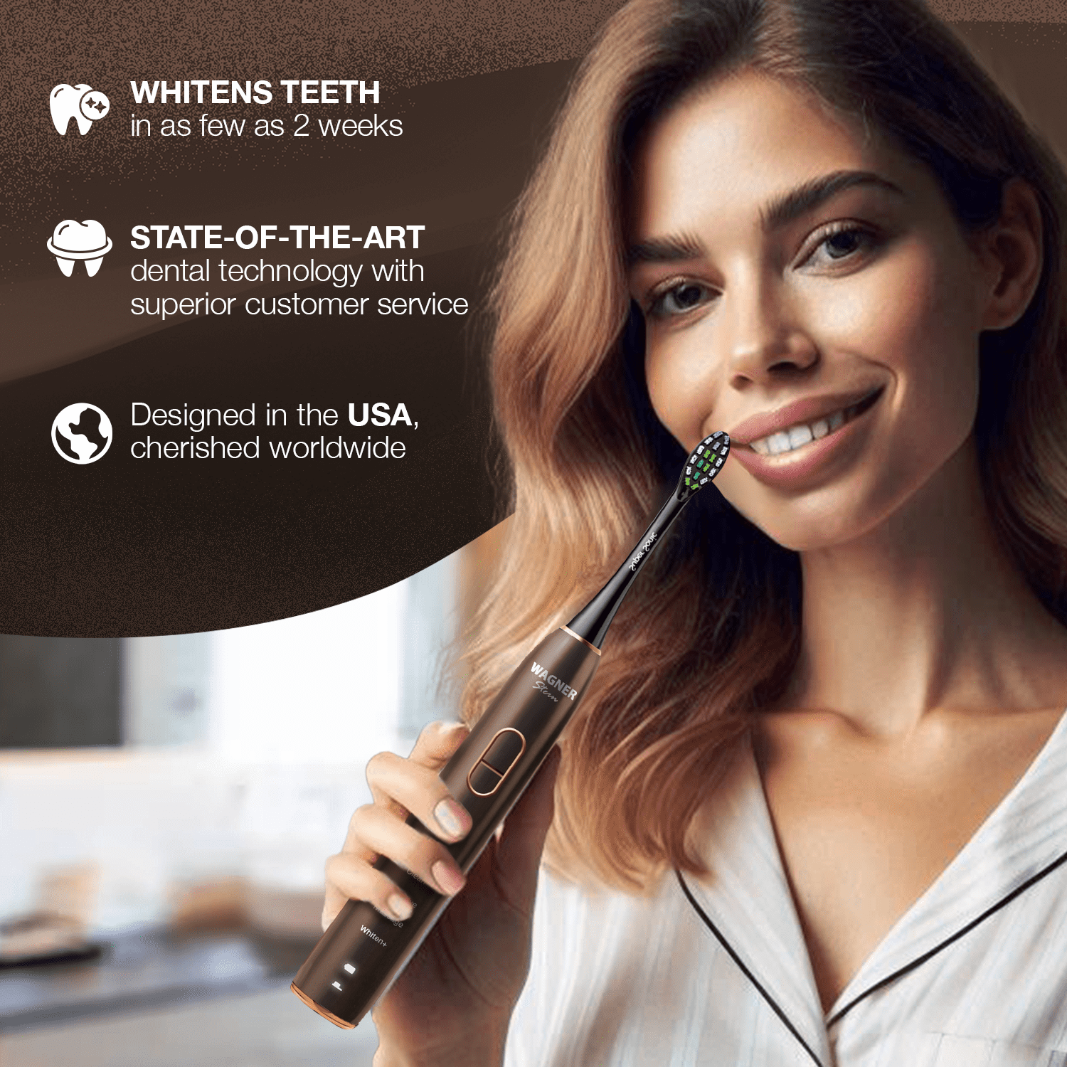 Wagner Stern IntelliBrush Series Whitening Electric Toothbrush with Pressure Sensor. Offers 4 Brushing Modes, 3 intensities, 8 Soft Brush Heads, and a Luxury Travel case.