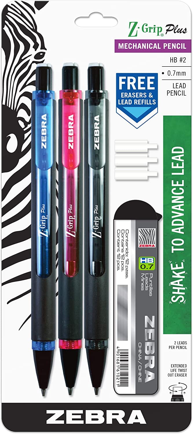 Zebra ZGrip Plus Mechanical Pencil, 0.7mm, Bonus Lead and Erasers