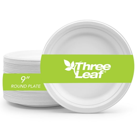 Three Leaf 9" Bagasse Round Disposable Plates 25 Ct Heavy-Duty Super Strong Eco-Friendly Biodegradable Compostable White Sugarcane Plates for Parties Catering BBQ and Events