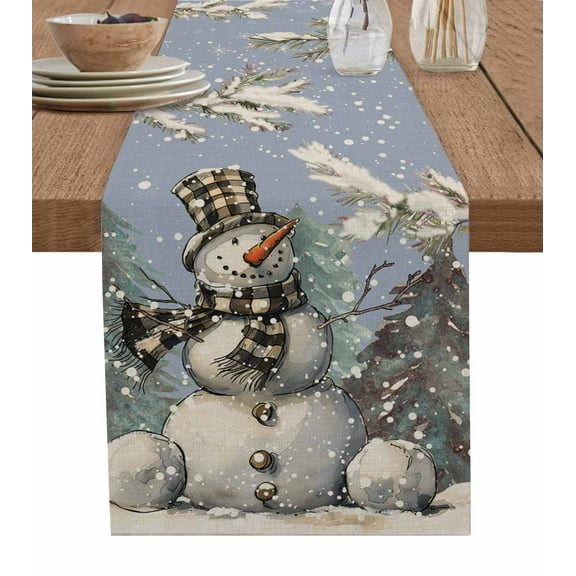 Christmas Snowman Blue Burlap-Cotton Table Runner 72 Inches Long,Retro Xmas Snowflake Botanical Farmhouse Table Runners,Outdoor Dining Tablecloths Decor for Baby Shower Party Wedding 14x72