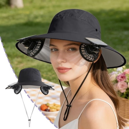 COM1950s Solar Fan Hat for Men Women Wide Brim Cooling Hat with 2 Removable Fans Solar Powered and USB Rechargeable for Outdoor Activities Hiking Fishing Gardening