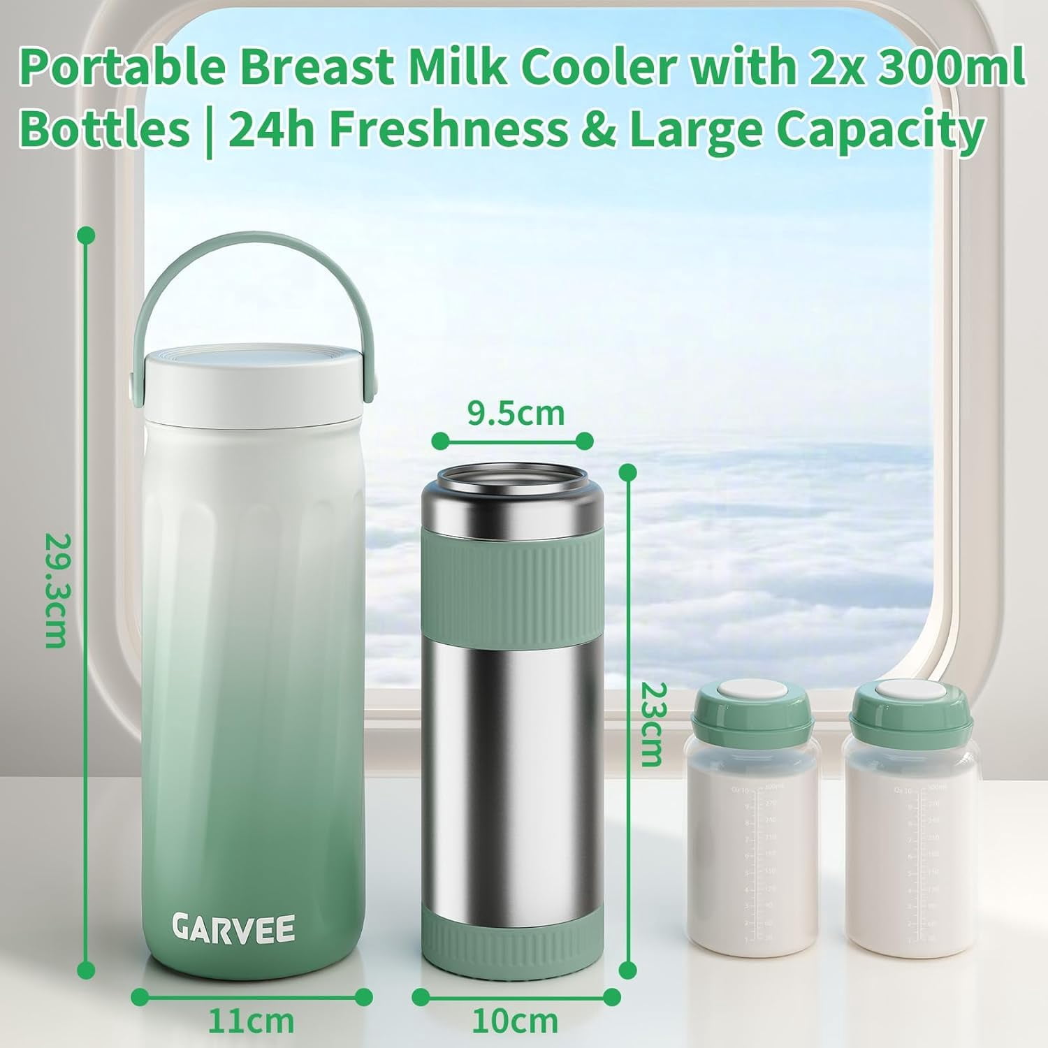 Portable Breast Milk Cooler – 360° Cooling for 24H, Includes 2×300ml 316 Stainless Steel Bottles, BPA-Free, Built-in Bottle Warmer, Safe Storage & Travel Solution for Moms