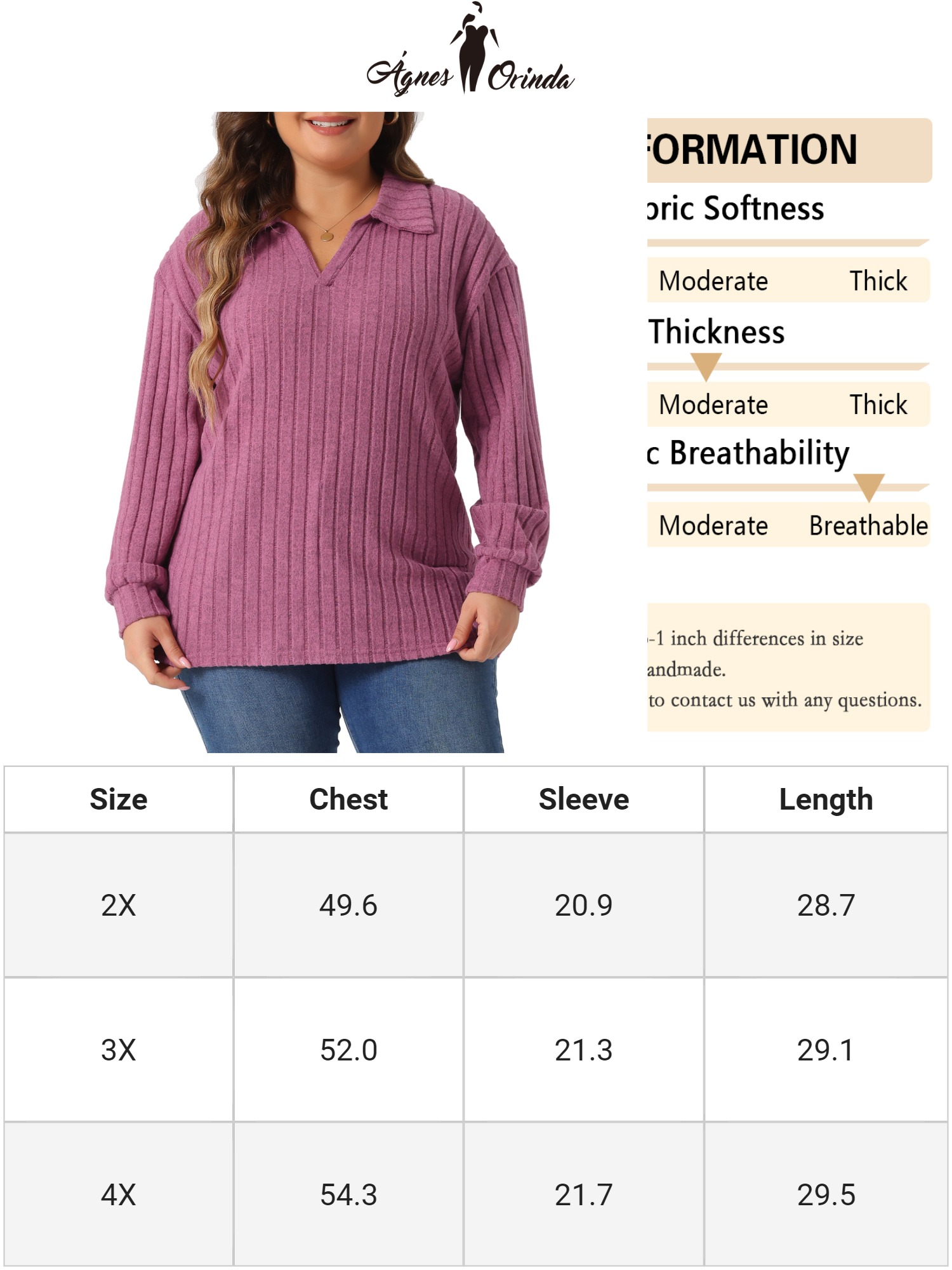 DARING DIVA Women's Plus Size Loose V Neck Long Sleeve Polo 4X Fuchsia
