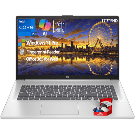HP 17.3" FHD Laptop for Business, Intel 10-Core i5-1334U, 8GB DDR4 RAM, 256GB SSD, Backlit Keyboard, Fingerprint Reader, Copilot AI, Windows 11 Pro, W/Accessories