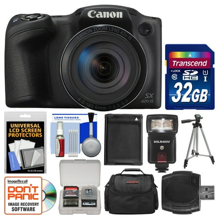 Canon PowerShot SX420 IS Wi-Fi Digital Camera (Black) with 32GB Card + Case + Flash + Battery + Tripod + Kit