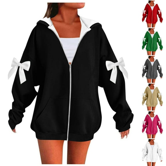 Ashirexll Zip Up Hoodie Women, Winter Tops for Women, Daily Bow Detail Off Shoulder Long Sleeve Pullover