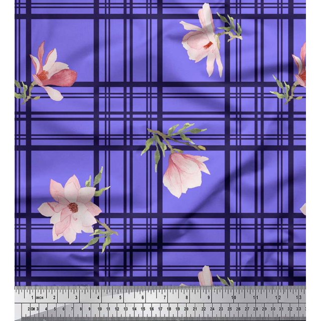 Soimoi Purple polyester Crepe Fabric Check & Magnolia Floral Print Sewing Fabric Yard 42 Inch Wide