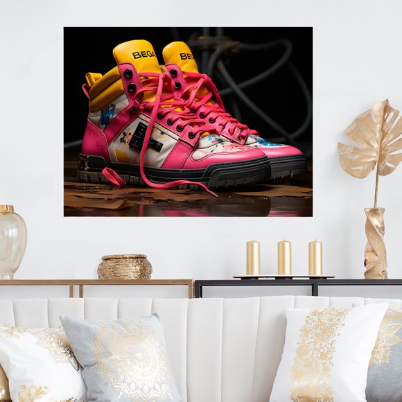 Designart "Urban Edge with Pink Sneakers" Balenciaga Metal Wall Art, Pink Metal Wall Decor, Glam Metal Art Decor For Bedroom - 20x12 Inch