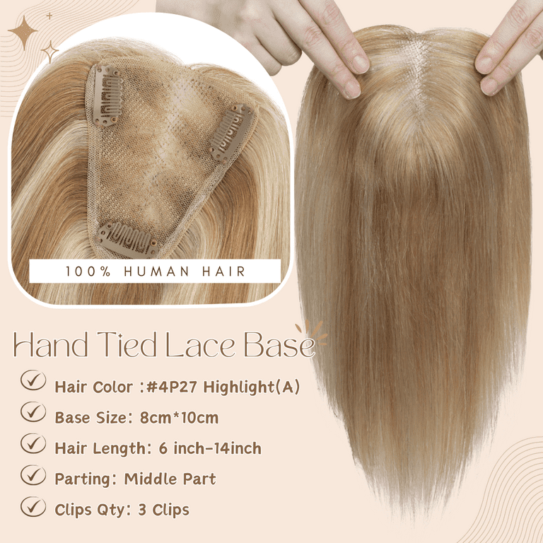 12 Inch Human Hair Topper for Thinning Hair, Lace Base with 3 Clips Benehair 100% Remy Human Hair Topper Clip In Top Lace Base  main image 3