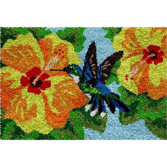 Latch Hook Rug Kits for Adults,Hummingbird Yellow Flower Rug Making Latch Hooking Kit ,Needlework Cushion Cover Hand Craft Crochet for Great Family