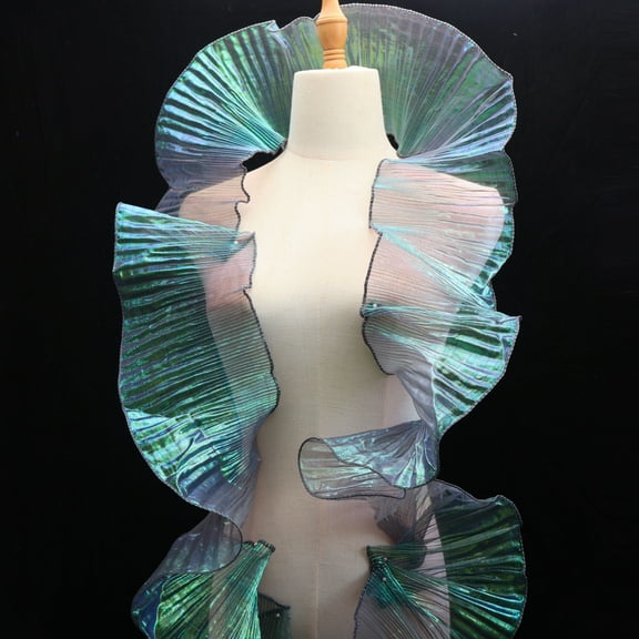 IDONGCAI Ruffle Pleated Chiffon Trim Iridescent Fabric Ribbon Organza Sheer Ruffled Lace Trim for Dress Crafts Sewing (Iridescent Green)