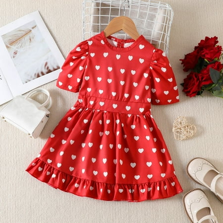 

Huilaibazo Girls Dress Toddler Girls Short Sleeve Valentine s Day Hearts Printed Ruffles Princess Dress