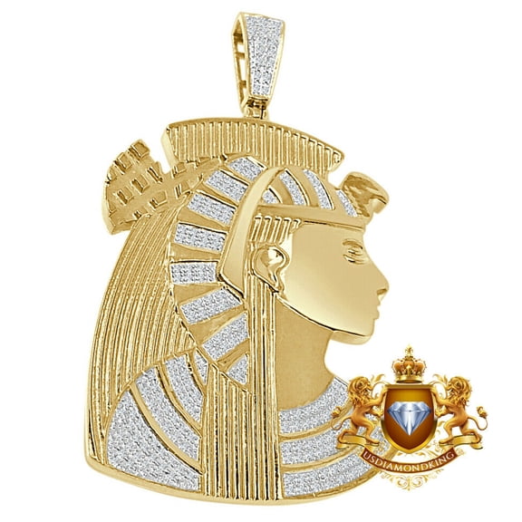 Real Diamond Egyptian Pharaoh Queen Nefertiti Pendant 10K Gold Over Charm 2.65''