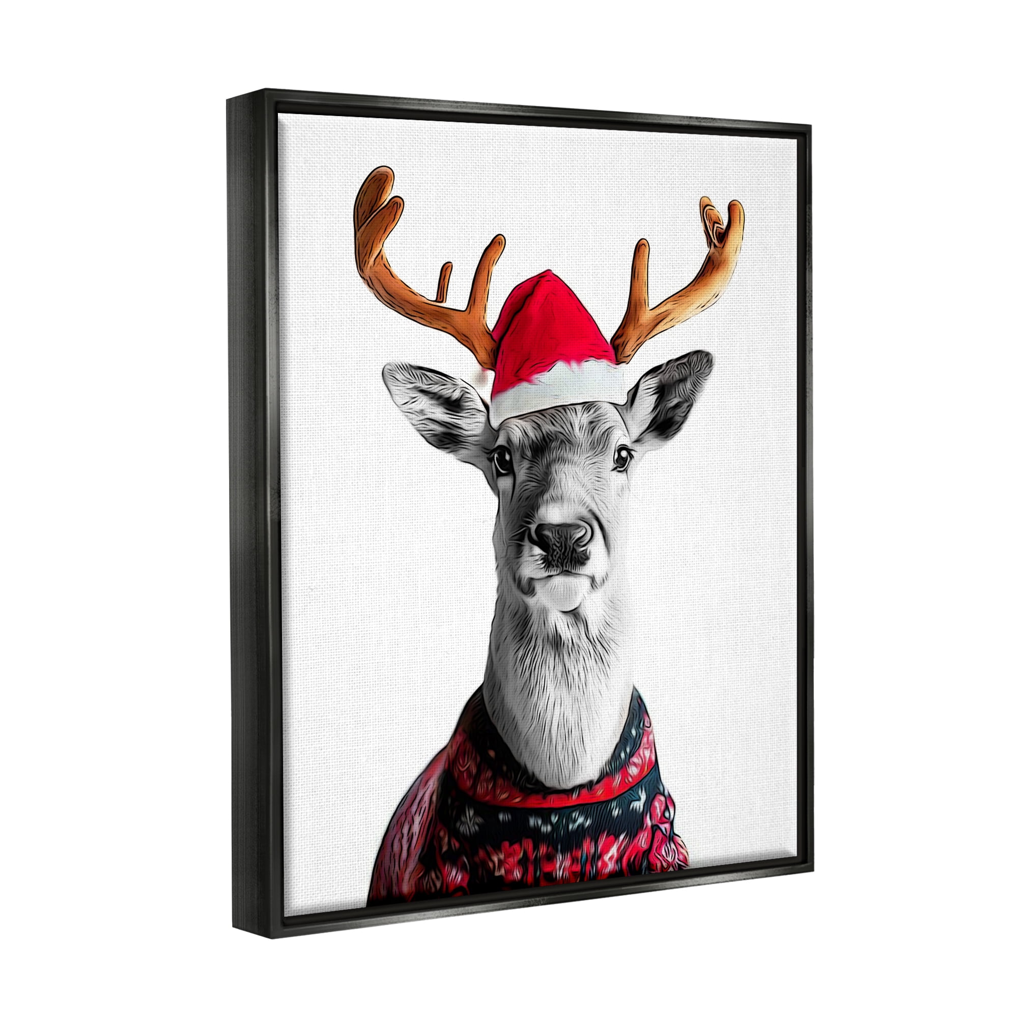 Stupell Industries Deer in Holiday Sweater Holiday Painting Black Floater Framed Canvas Art Print Wall Art, 17 x 21