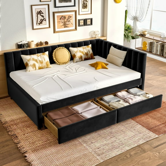Corner Bed Frame with Storage Drawers, Upholstered Full Size Daybed with L Shaped Headboard, Wood Slats Frame for Living Room, Bedroom, Black