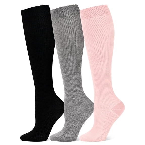 Hipuroga Cotton Compression Socks for Women Men 8-15 mmHg Soft Mild Knee High Wide Calf Support Stockings for Nurse Travel Pregnancy blackgreypink S/M