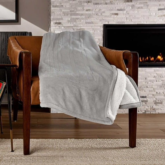Sunbeam Northern Luxe Reversible Sherpa Heated Throw, Light Grey