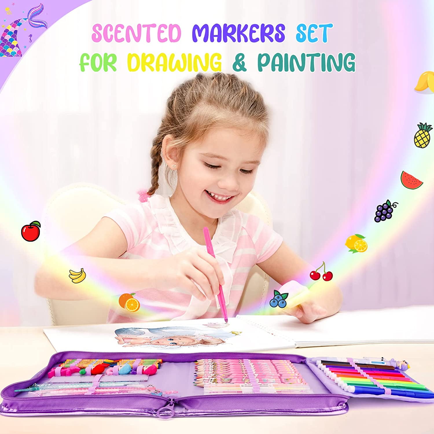 56 Pc Fruit Scented Marker Set with Glitter Unicorn Case, Art Supplies Kit  for Kids Ages 4-8
