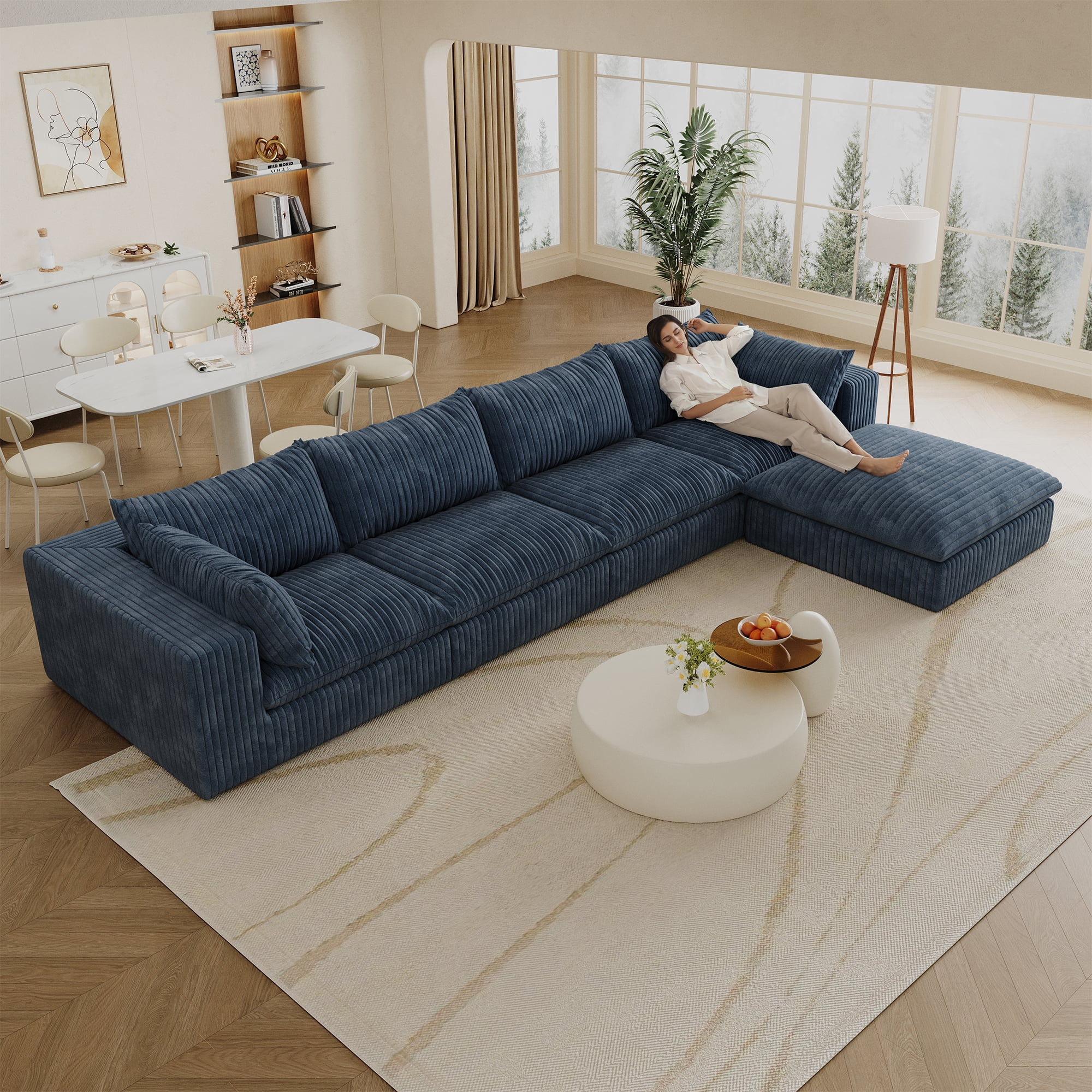 MAYEERTY 157.6" Cloud Sofa Blue Corduroy Fabric Deep Seat Double-Layer Design Removable Cushion No Assembly DIY Combination for Multi-Rooms