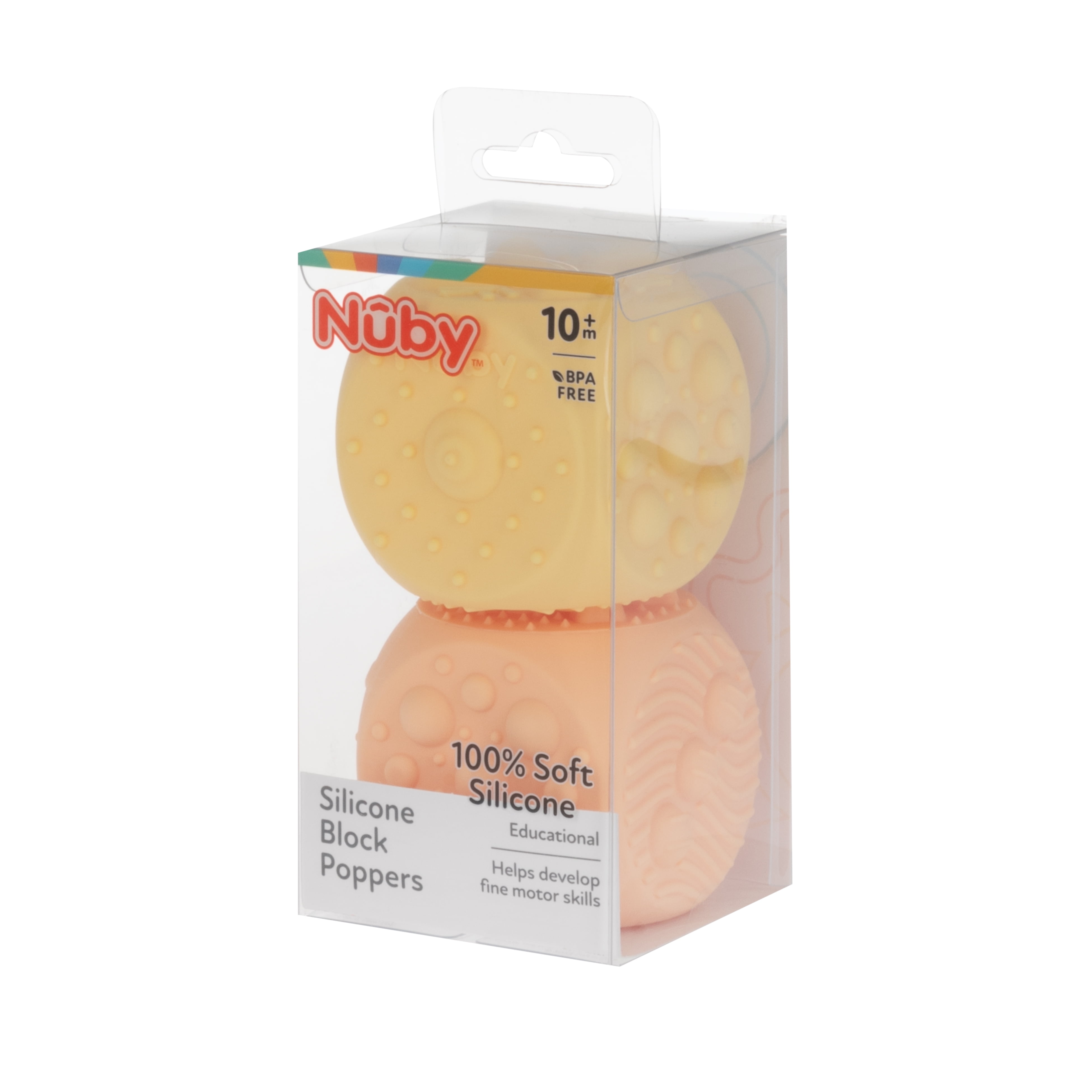 Nuby Silicone Block Poppers Sensory Teether Toy for Infants, Yellow/Orange, 2 Count