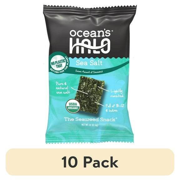 (10 pack) Ocean's Halo, Organic Trayless Seaweed Snack, Sea Salt, Vegan, No Plastic Tray, 1pk Nori, Shelf-Stable, 0.14 oz