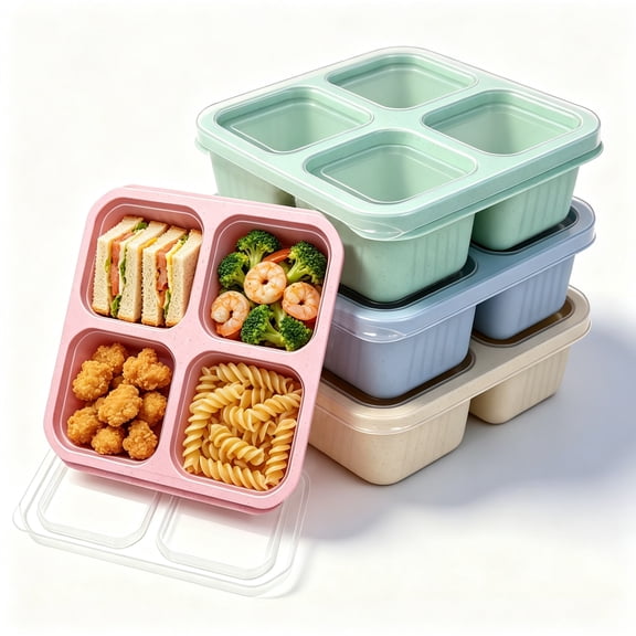 4 Compartment Food Storage Tray with Lids, 4 Pack Reusable Divided Lunch Box, Portable Wheat Straw Bento Box for School Office Picnic